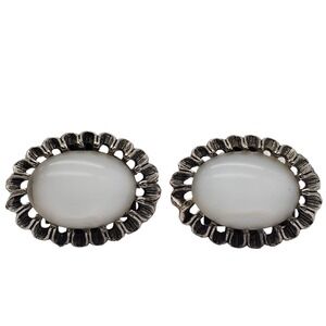 Large White Glass Cufflinks Silver Tone Faux Oval Quartz Stone Filigree Vintage